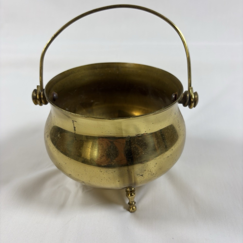 Vintage Brass Cauldron Pot 3 Footed Planter Cachepot Bail Handle 5" Decor S2-392